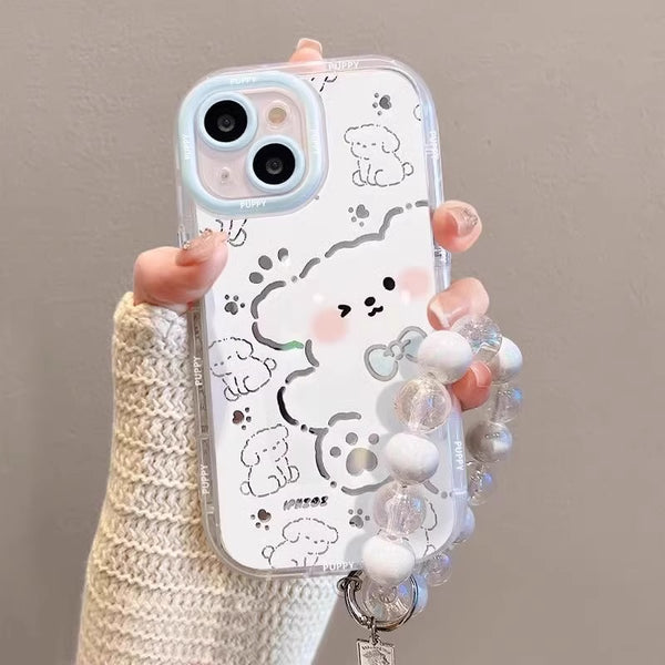 Bow-tied puppy suitable for Apple devices17promax Phone case with wrist strap15pro Cartoon cream mirror14/13
