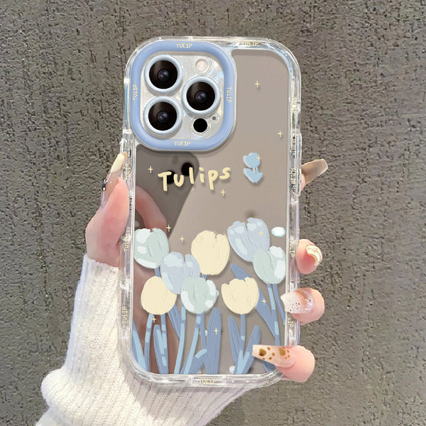 油画郁金香适用17promax Mobile phone shell for iphone iphone14/13Transparent12Mirror xs/15