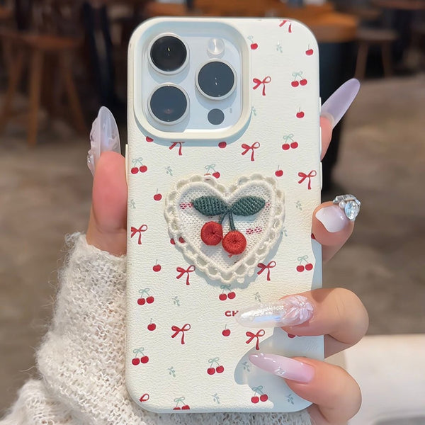 ins Korean-style embroidered cherry design applicable iPhone17promax Apple14Phone case13Leather Pattern12Female16